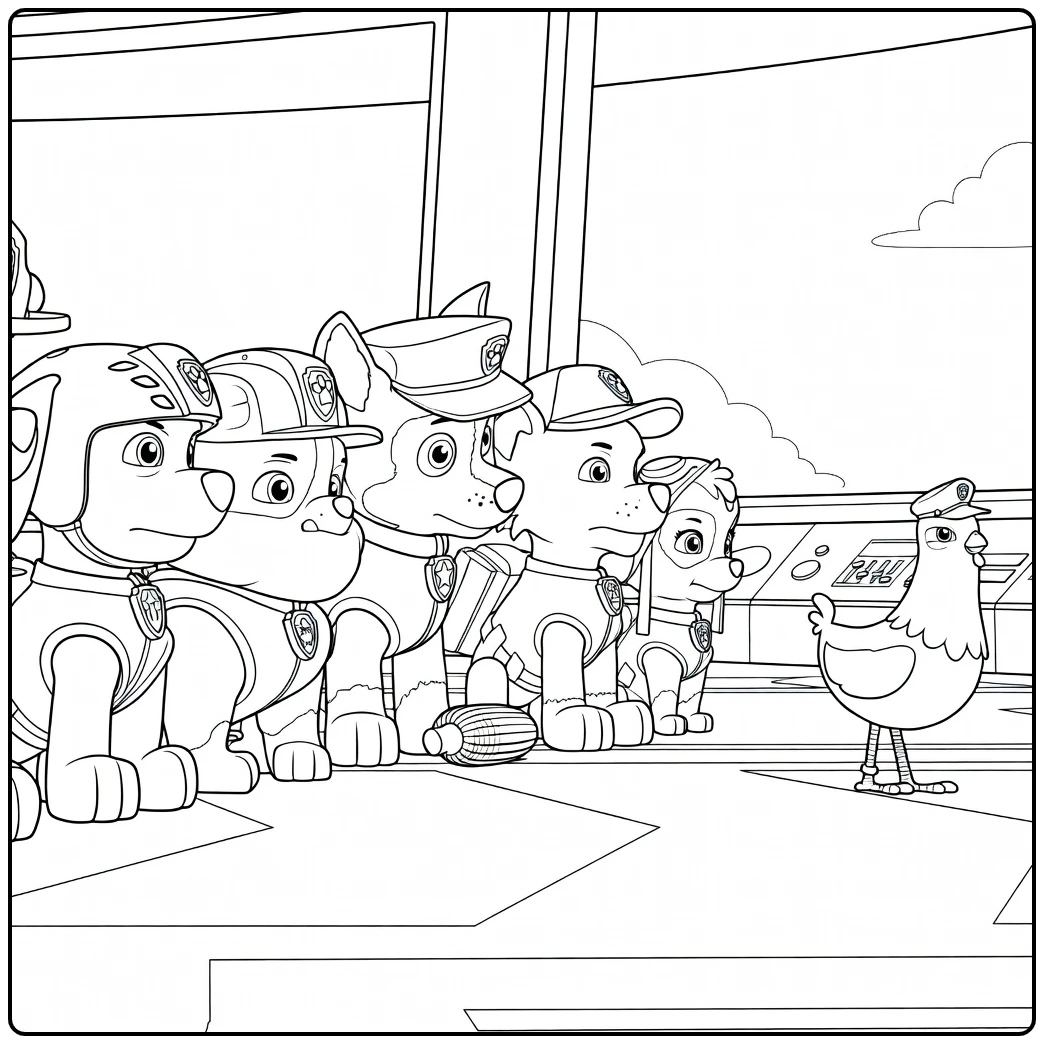 Paw Patrol Seizoen 6 Kleurplaat met honden in helmen die tegenover een kip staan