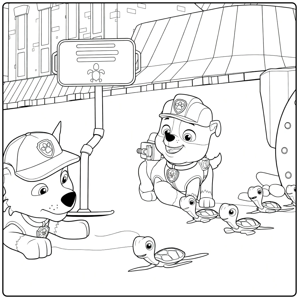 Grijze hond met pet en bruine hond met helm tussen kleine schildpadden Paw Patrol Season 1 Kleurplaat