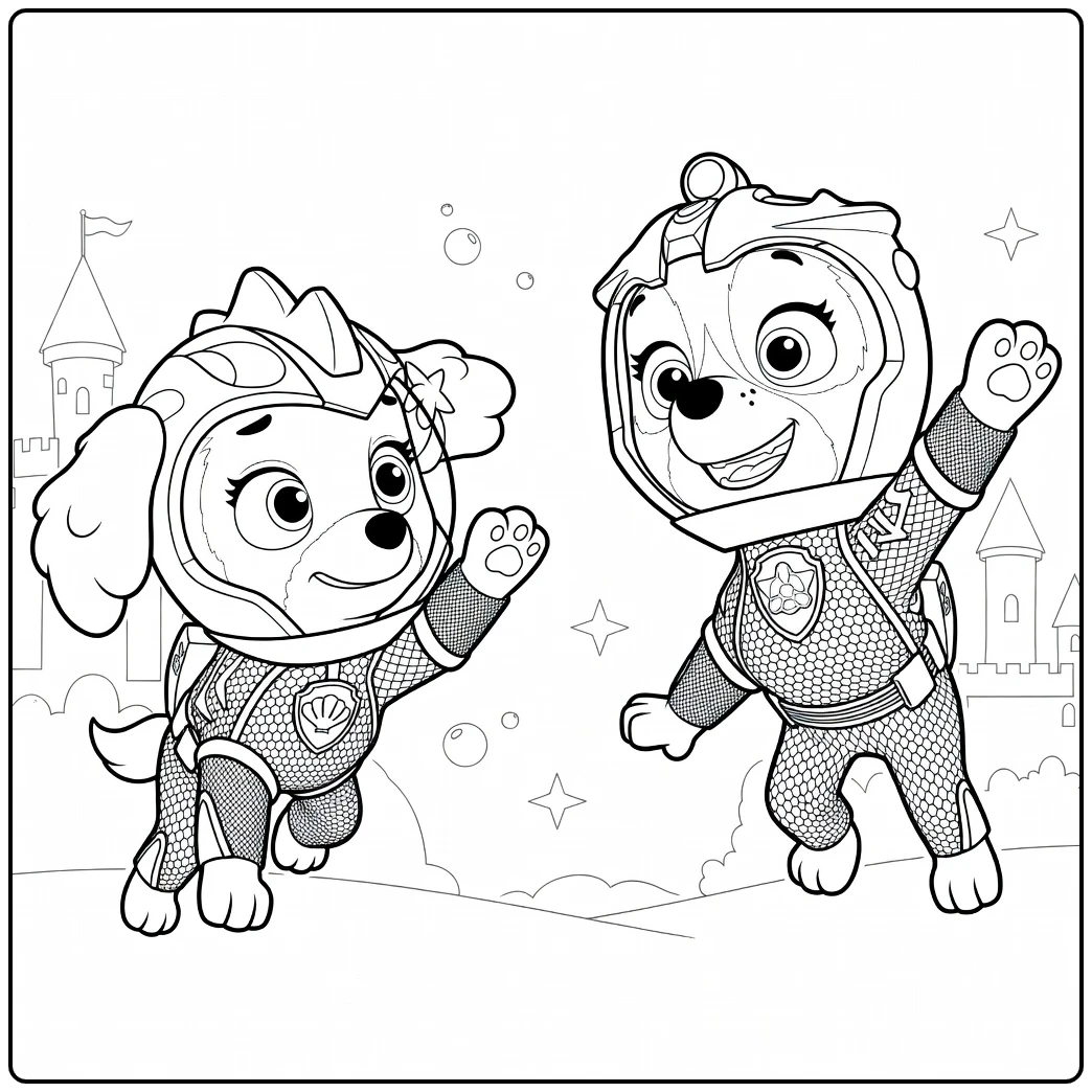 Twee honden in ruimtepakken met helmen en emblemen Paw Patrol Seizoen 9 Kleurplaat