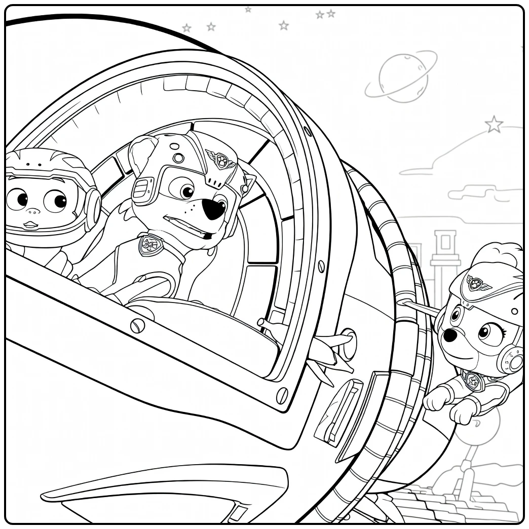 Paw Patrol Seizoen 11 Kleurplaat met twee honden in een bolvormig voertuig en een drijvende hond buiten