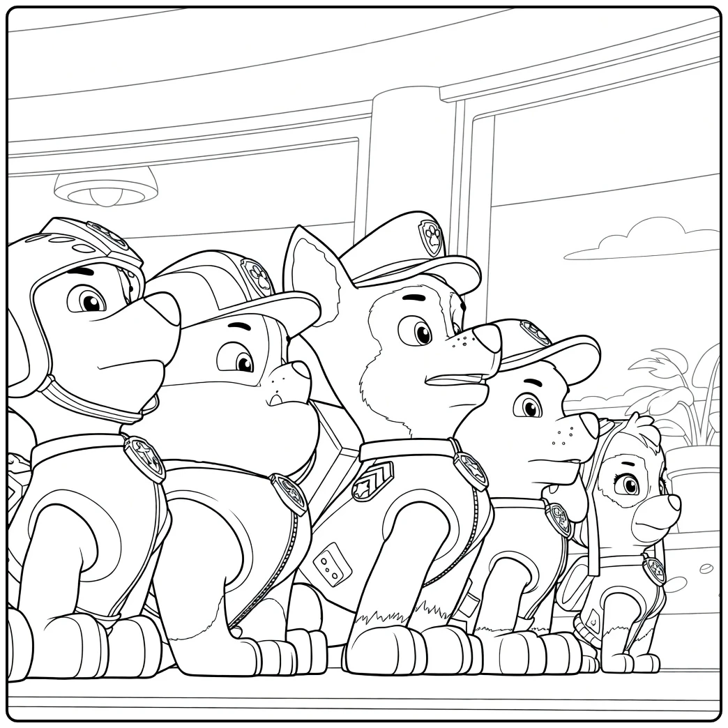 Vijf honden zittend in een rij met vesten en helmen Paw Patrol Season 1 Kleurplaat