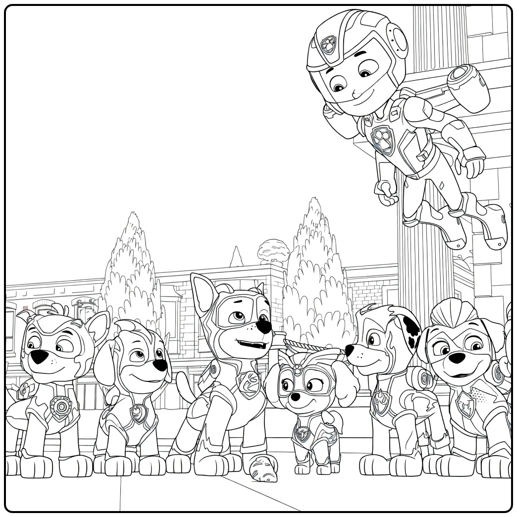Groep antropomorfe honden in een rij met een kind in harnas erboven in Paw Patrol Seizoen 7 Kleurplaat