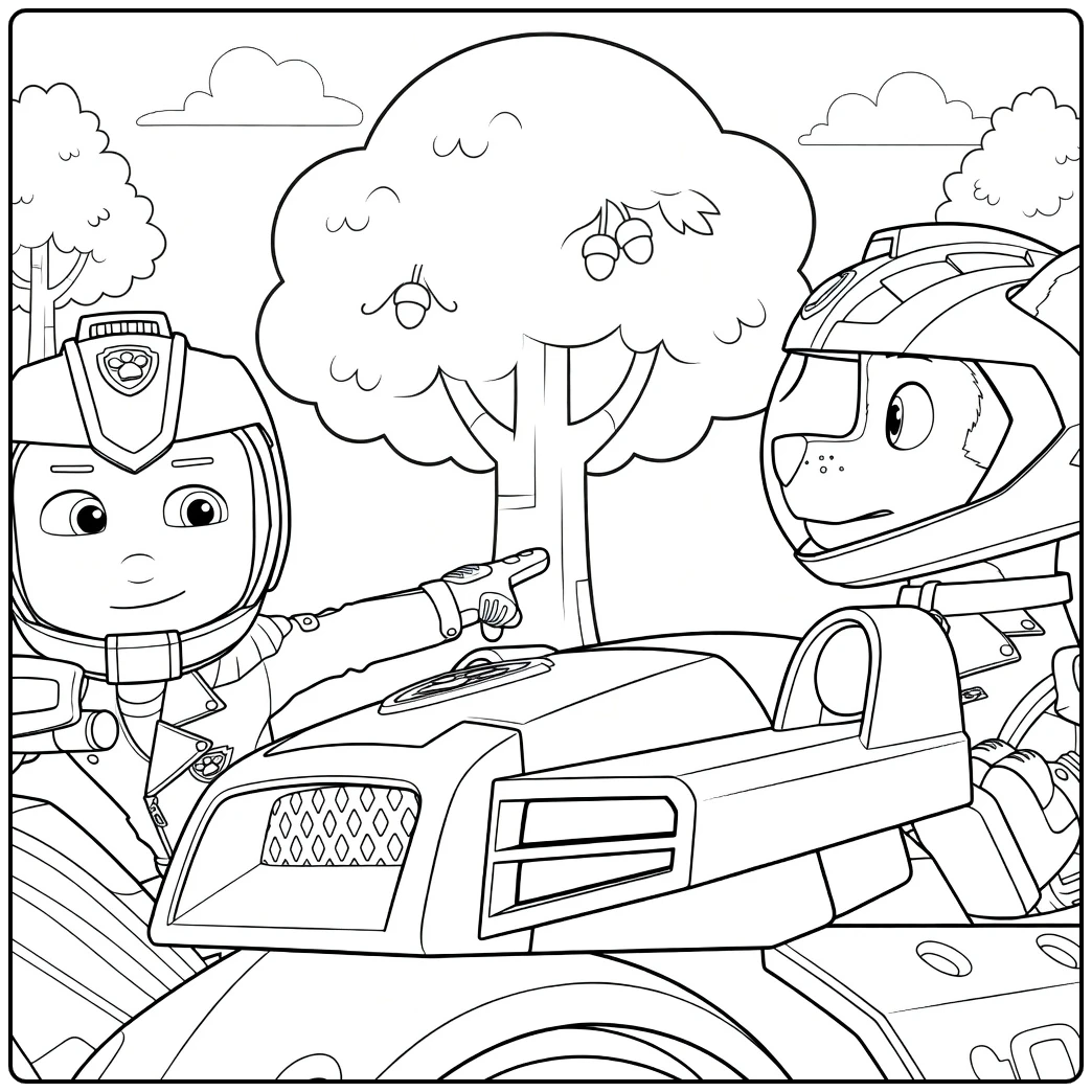 Twee antropomorfe honden in helmen op voertuigen met bomen in de achtergrond Paw Patrol Seizoen 7 Kleurplaat