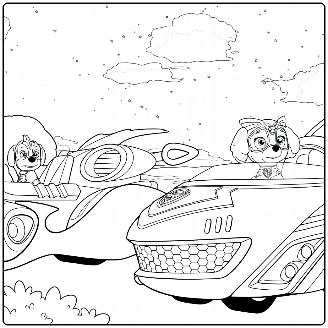 Twee honden in futuristische hovervoertuigen op Paw Patrol Seizoen 6 Kleurplaat