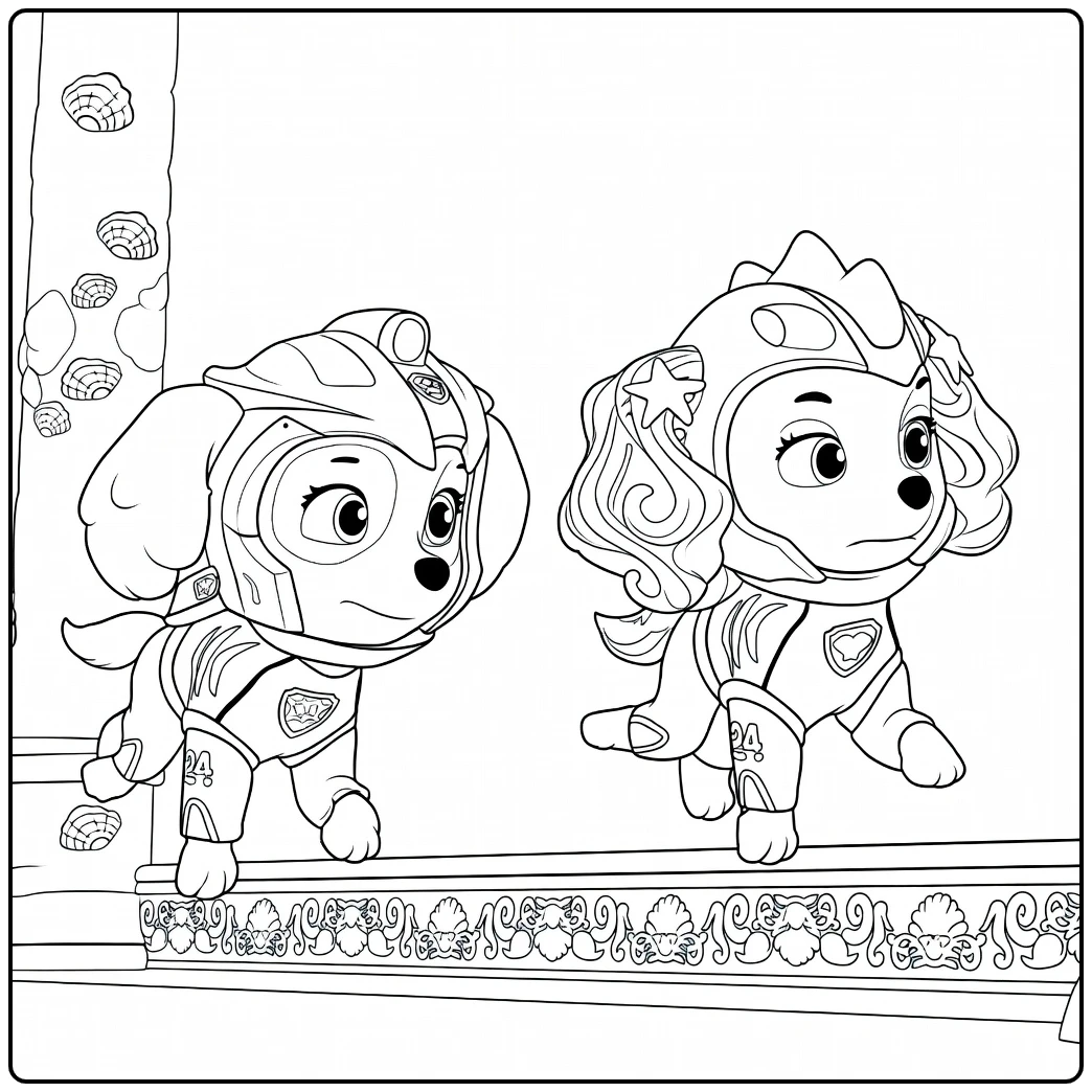 Twee antropomorfe honden in futuristische helmen en pakken, een staand op een richel en een zwevend coral paw patrol kleurplaat