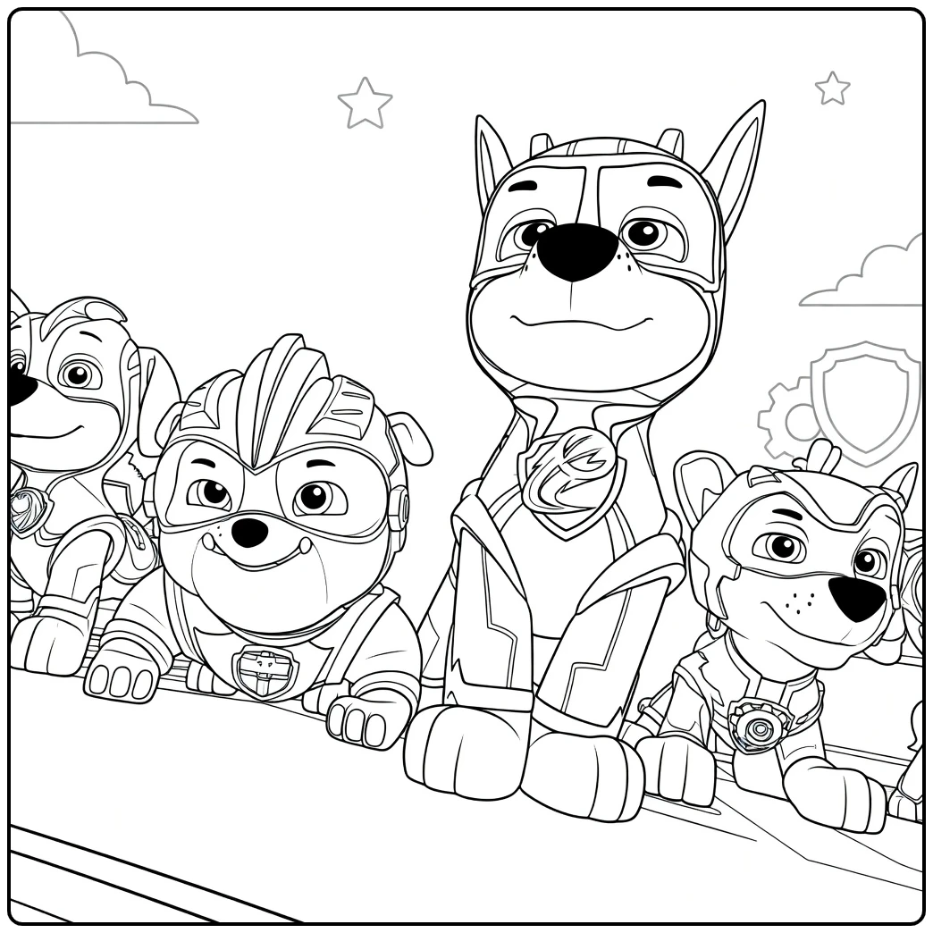 Paw Patrol Seizoen 6 Kleurplaat met antropomorfe honden in gepantserde pakken die dynamisch in een rij poseren