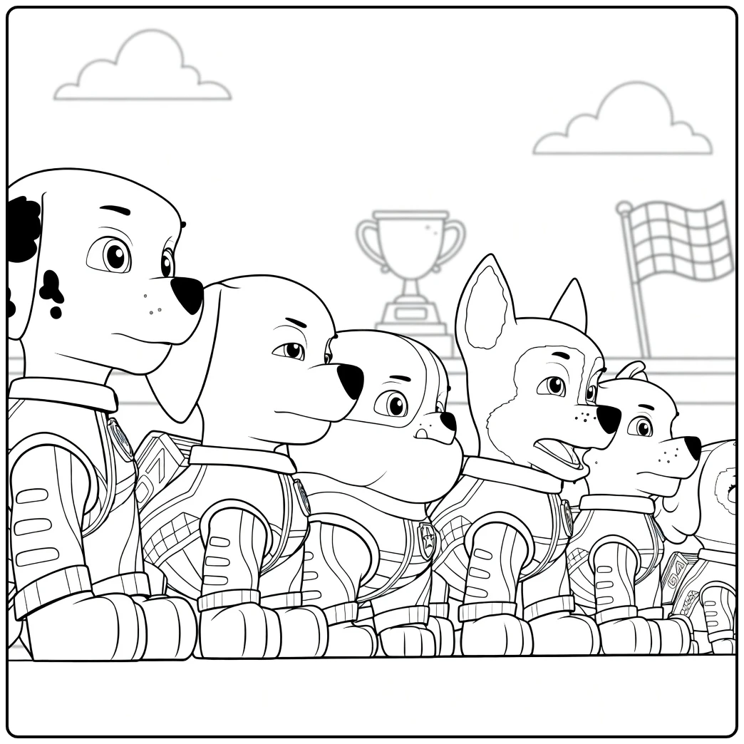 Paw Patrol Seizoen 6 Kleurplaat met een rij honden in pakken met tuig en nummers