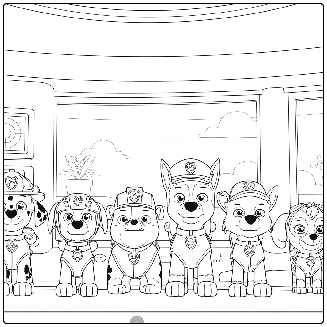 Zes antropomorfe honden staand in een rechte lijn met uniformen helmen en vesten Paw Patrol Season 1 Kleurplaat