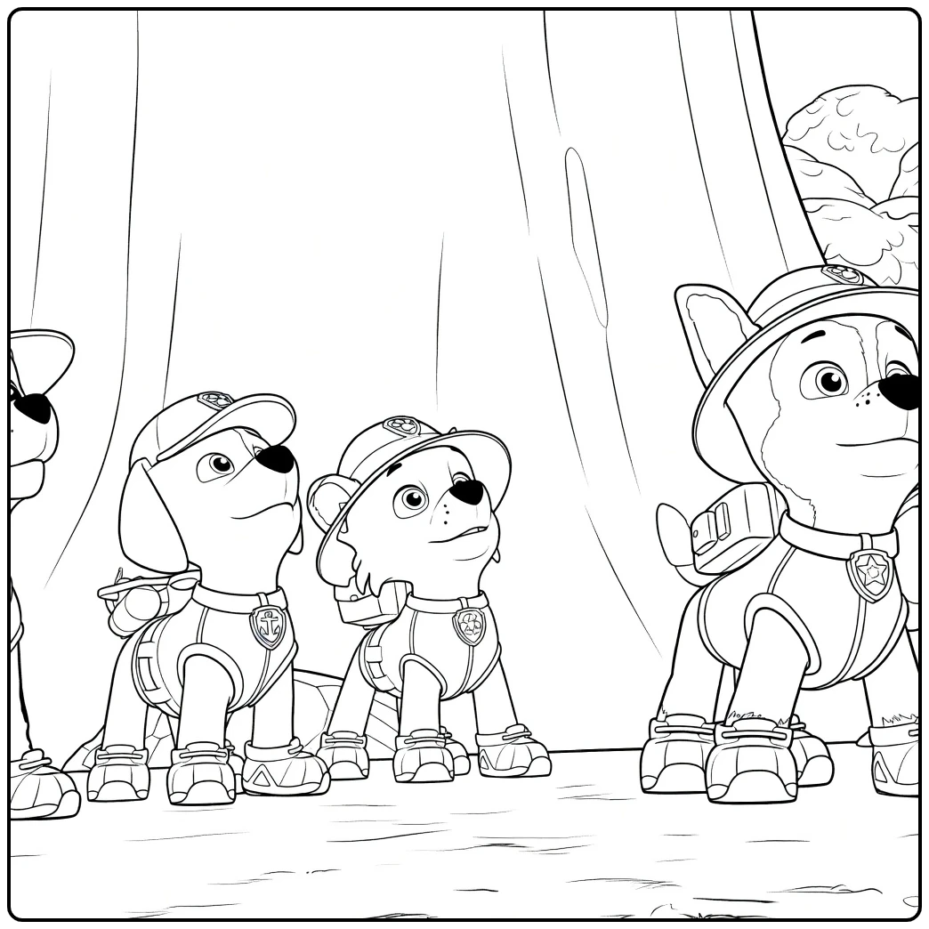 Paw Patrol Seizoen 10 Kleurplaat met vier honden in uniform die in een rij staan voor een boomstam.