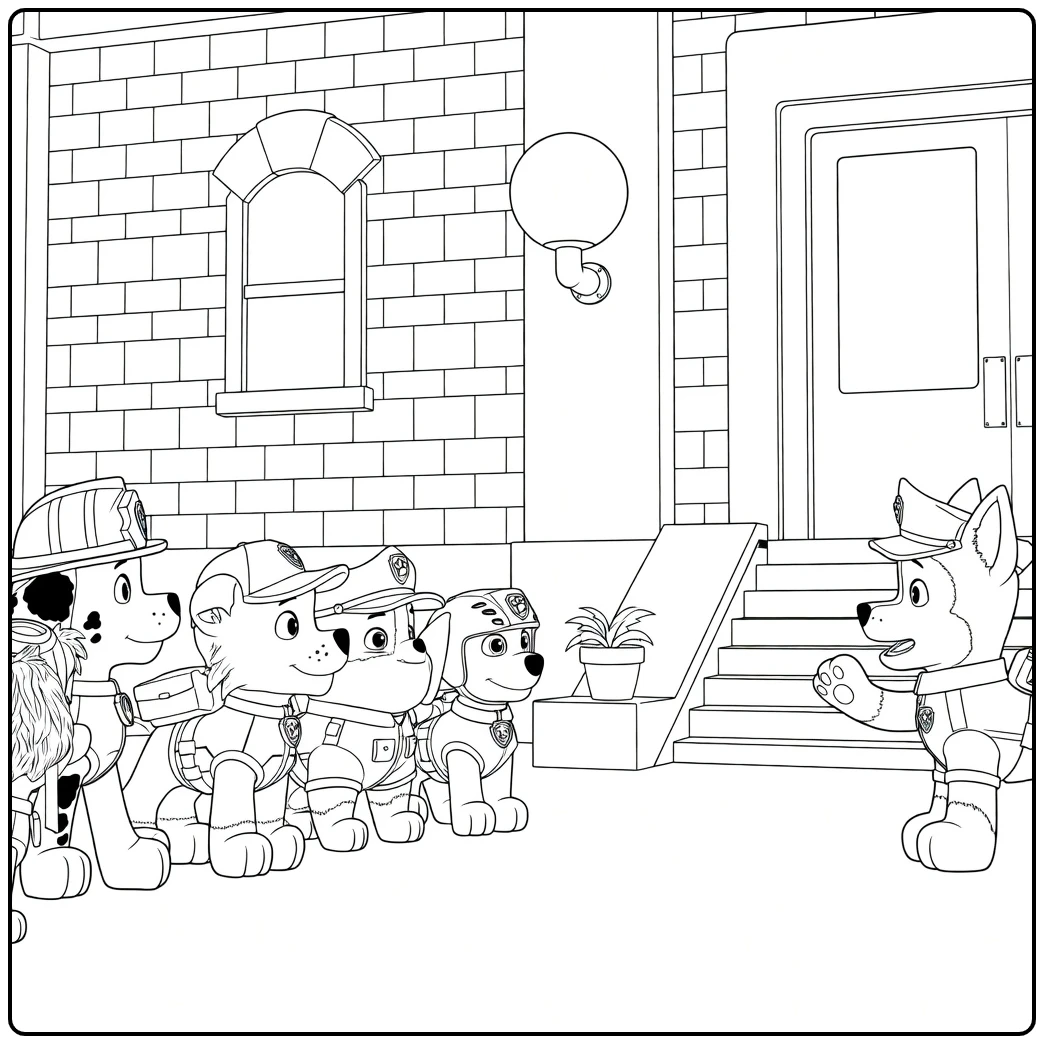 Paw Patrol Seizoen 12 Kleurplaat met vijf honden in uniformen tegenover een zesde hond