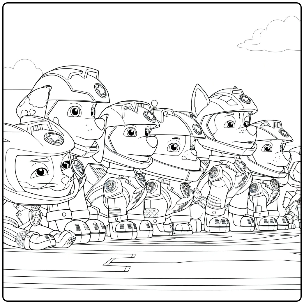 Paw Patrol Seizoen 8 Kleurplaat met antropomorfe honden in helmen en zwarte pakken staand naast elkaar