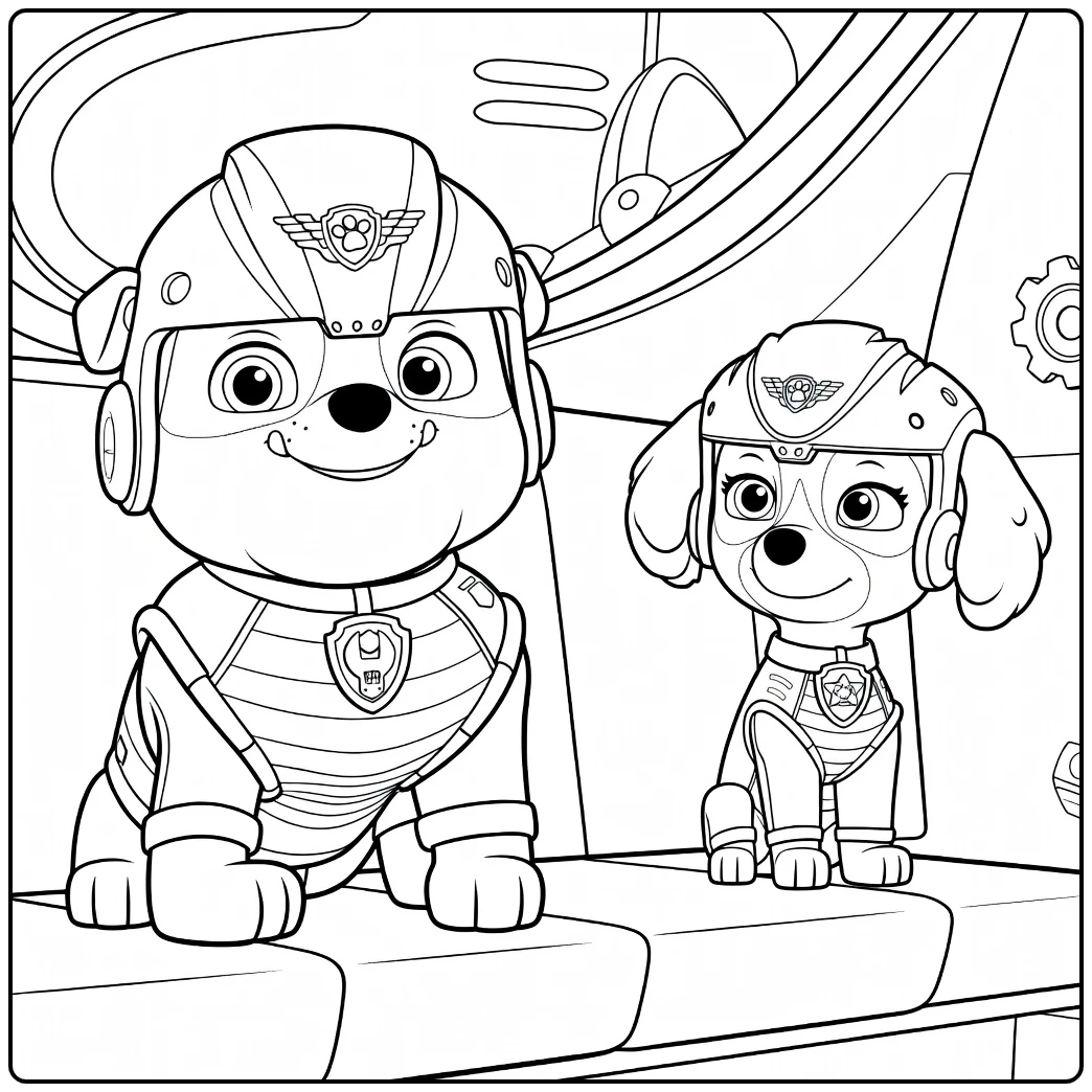 Twee honden in uniformen zittend naast elkaar op een bank in een voertuig Paw Patrol Seizoen 3 kleurplaat