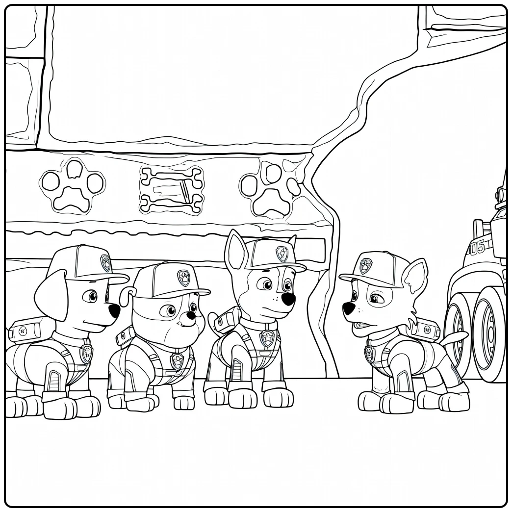 Vier honden in uniformen en petten met rugzakken staand in een rij Paw Patrol Seizoen 5 Kleurplaat