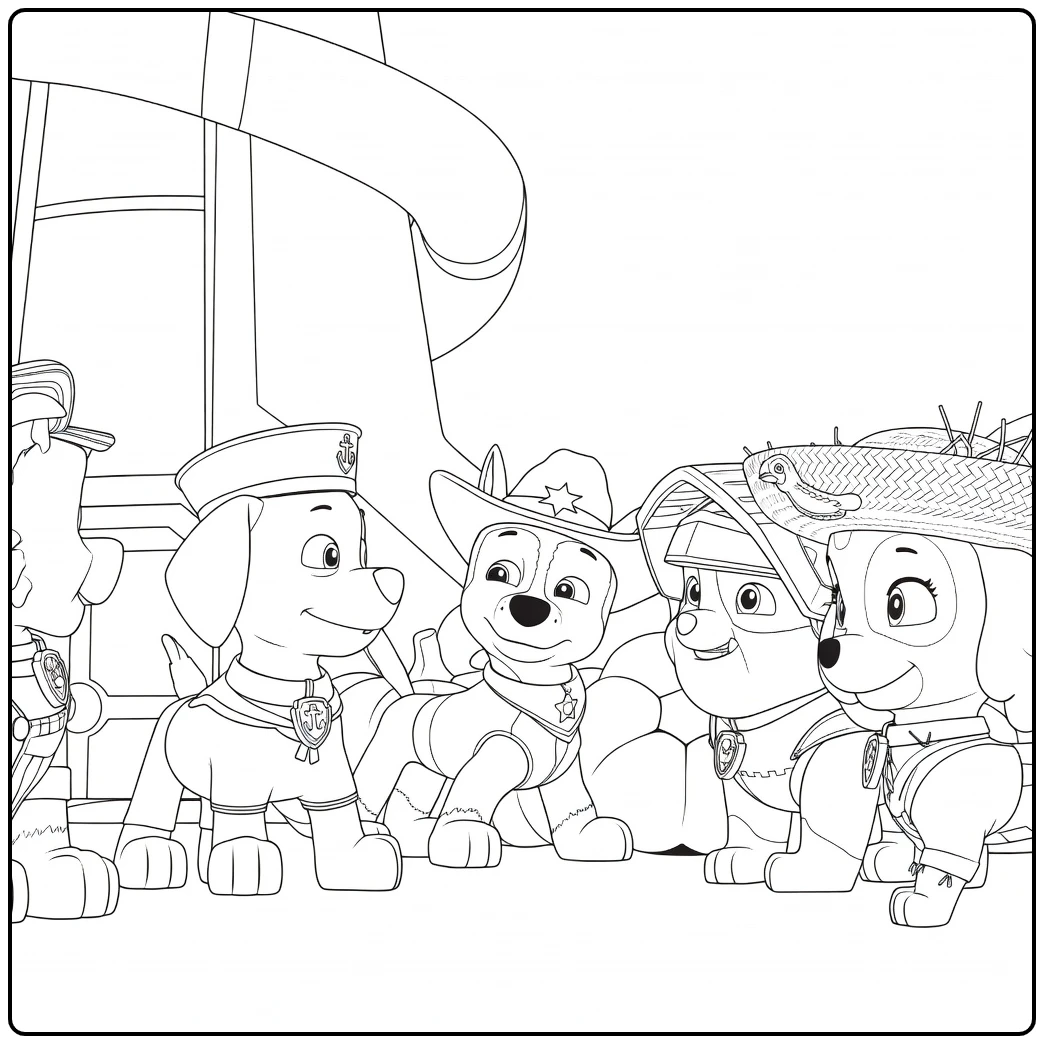 Vijf antropomorfe honden met hoeden en outfits in een rij voor Paw Patrol Seizoen 5 Kleurplaat