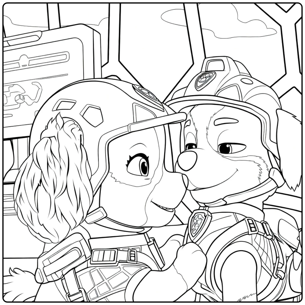 Twee honden met helmen en vesten in rex paw patrol kleurplaat met neuzen bijna rakend