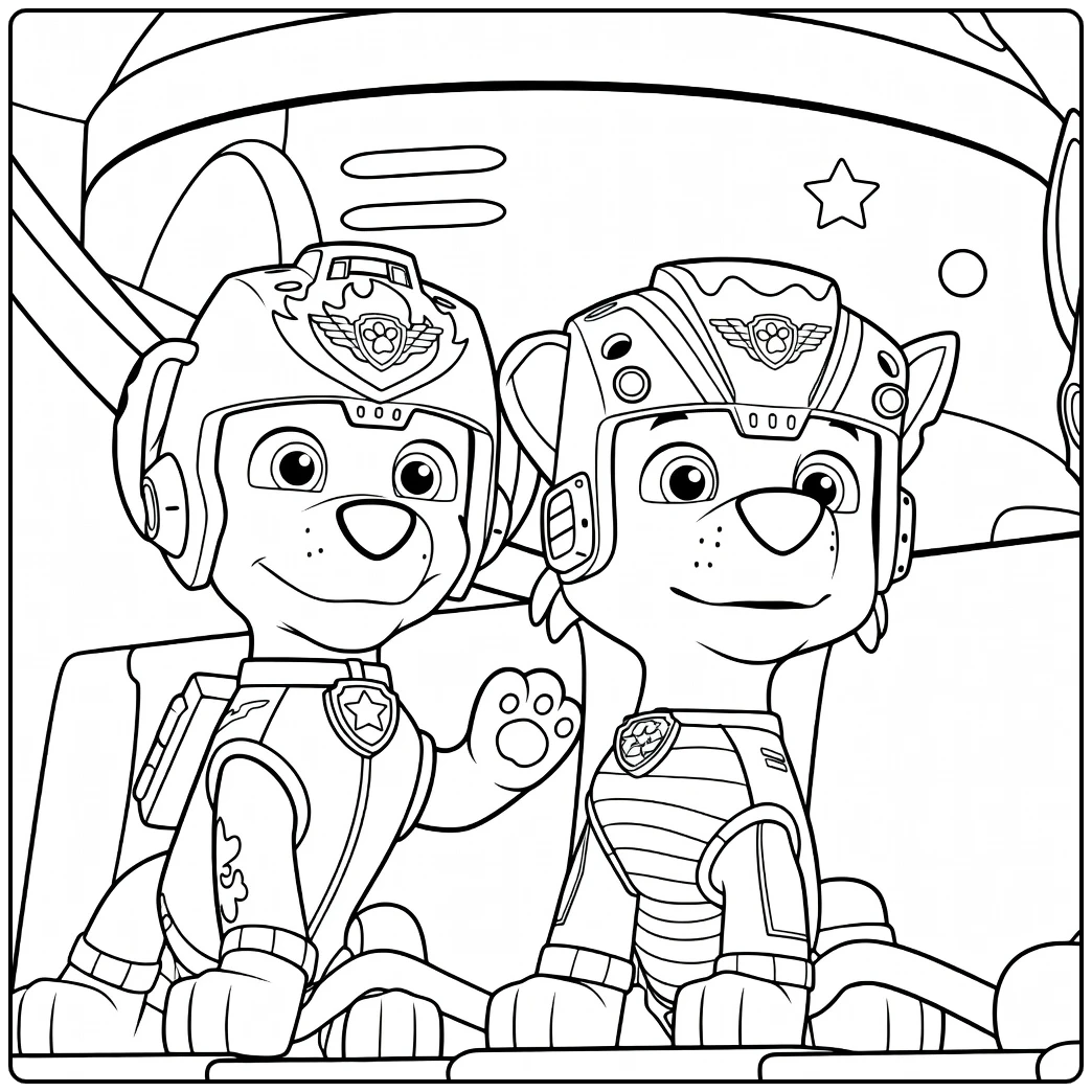 Twee honden met rode en groene helmen zittend naast elkaar Paw Patrol Seizoen 3 kleurplaat