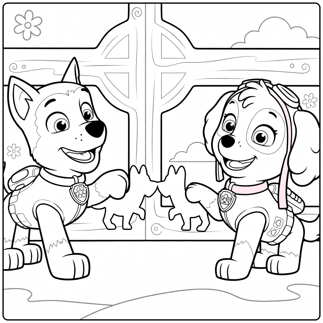 Twee honden houden paarse hondknipsels vast in Paw Patrol Seizoen 3 kleurplaat