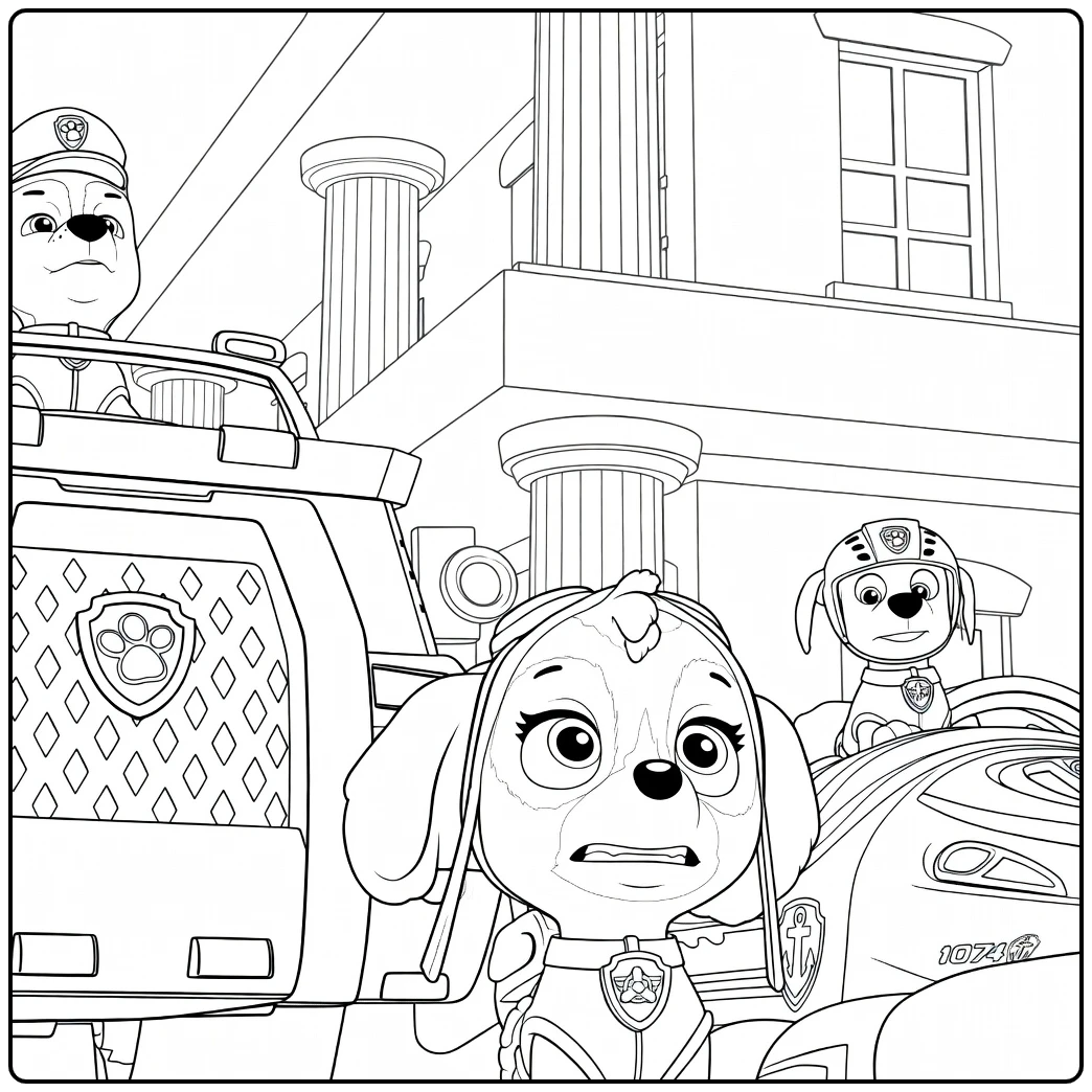 Paw Patrol Seizoen 4 Kleurplaat met een antropomorfe hond met roze hoofdband en open mond tussen politiehonden en voertuigen