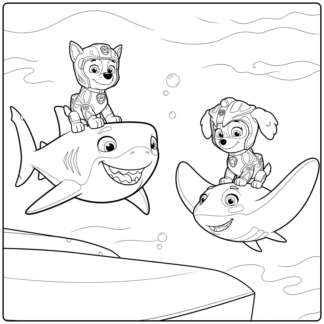 Twee honden in pakken op een haai en een rog voor Paw Patrol Seizoen 9 Kleurplaat