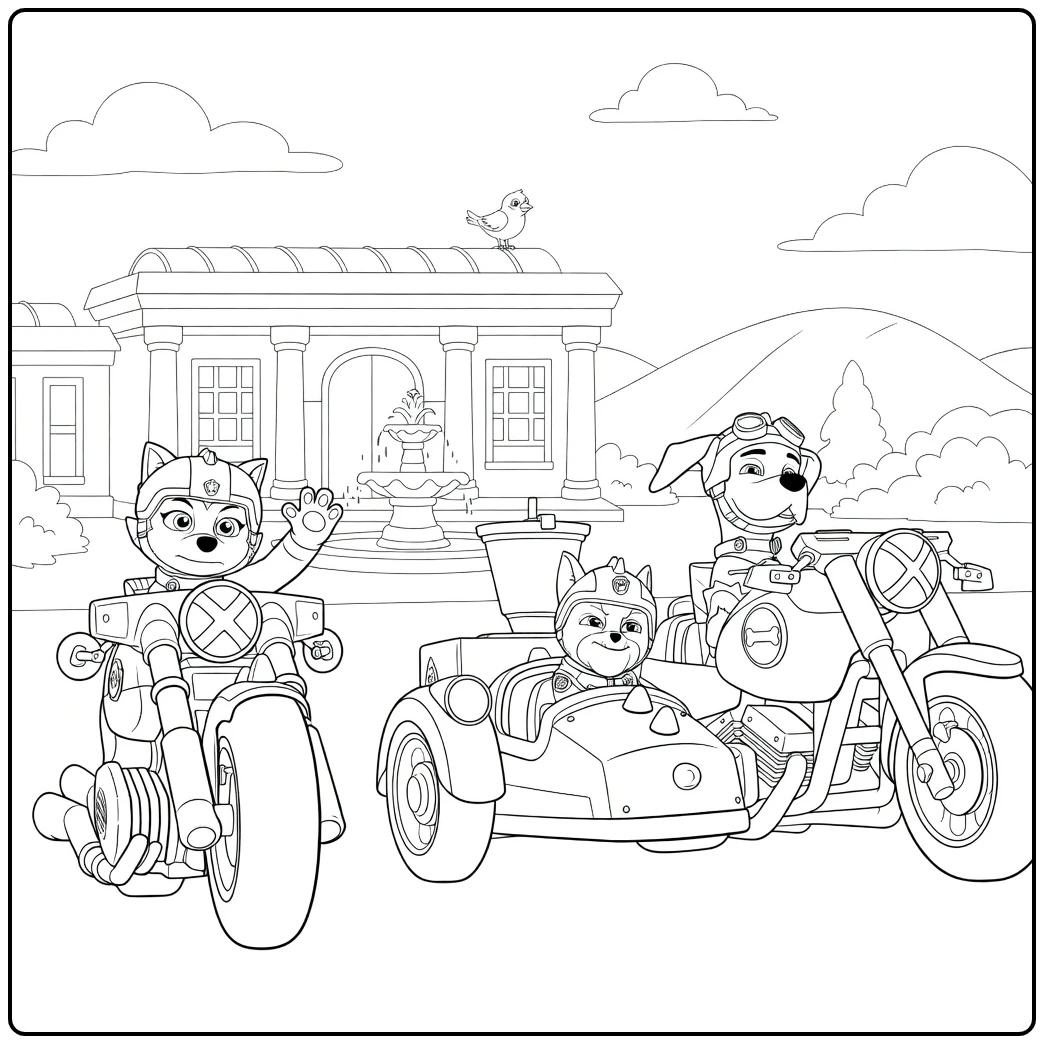 Drie honden op motorfietsen met zijspan in Paw Patrol Seizoen 7 Kleurplaat