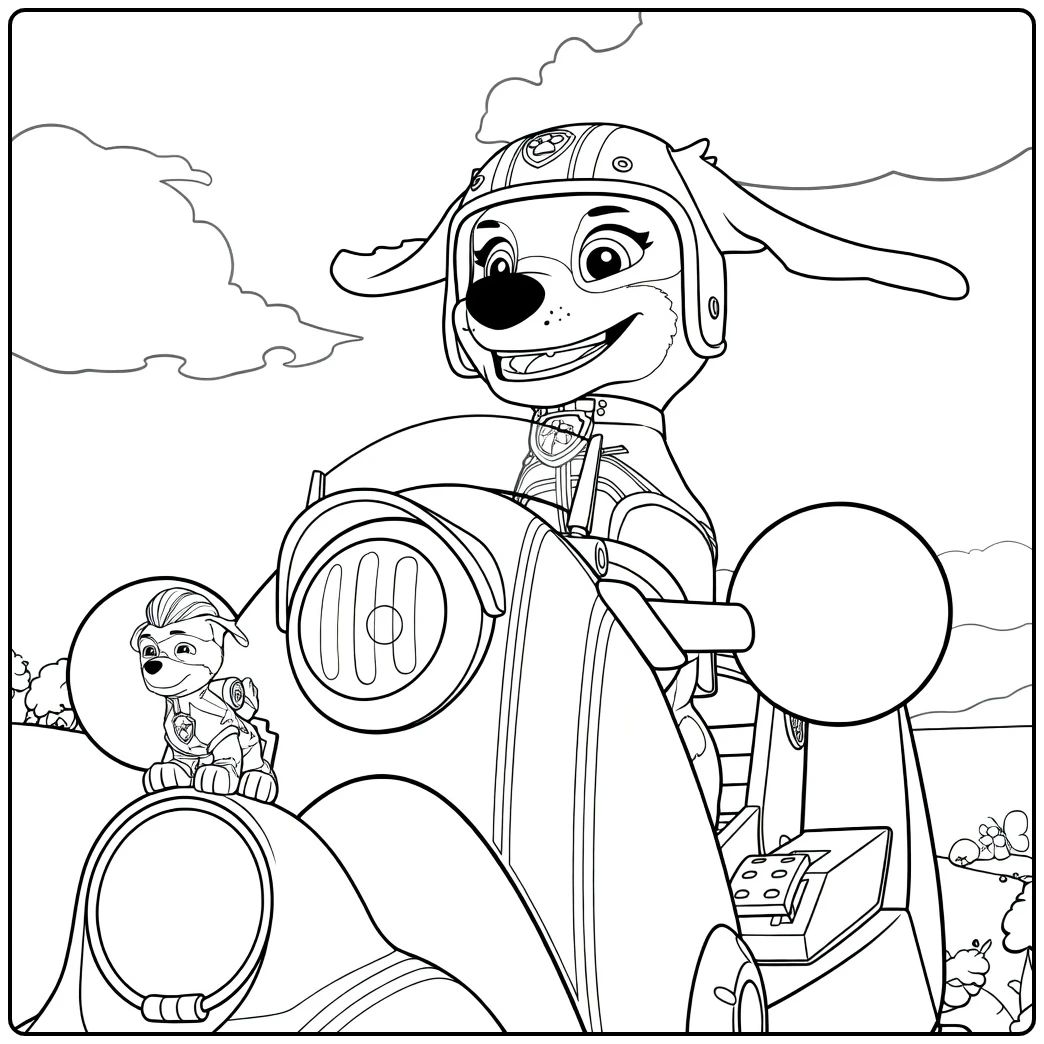 Twee antropomorfe honden op een roze voertuig met helm en outfit in Paw Patrol Seizoen 9 Kleurplaat