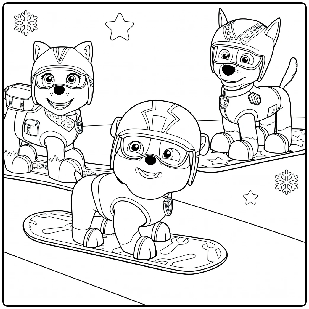 Paw Patrol Seizoen 2 kleurplaat met drie antropomorfe honden op snowboards in dynamische poses met helmen en rugzakken