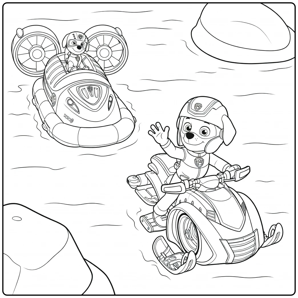 Paw Patrol Season 1 Kleurplaat met een hond die zwaait op een hovercraft-achtig voertuig en een tweede hond op de achtergrond.