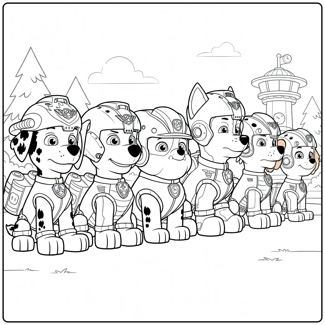Paw Patrol Seizoen 3 kleurplaat met honden in helmen en uniformen zittend in een rij