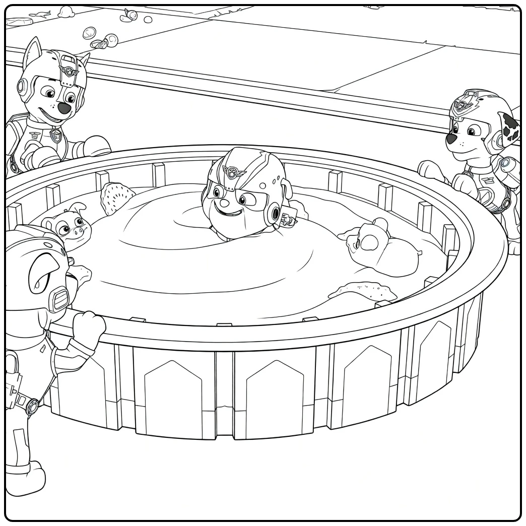 Paw Patrol Seizoen 4 Kleurplaat met vier honden rond een ronde kuip vol roze substantie en kleine figuurtjes