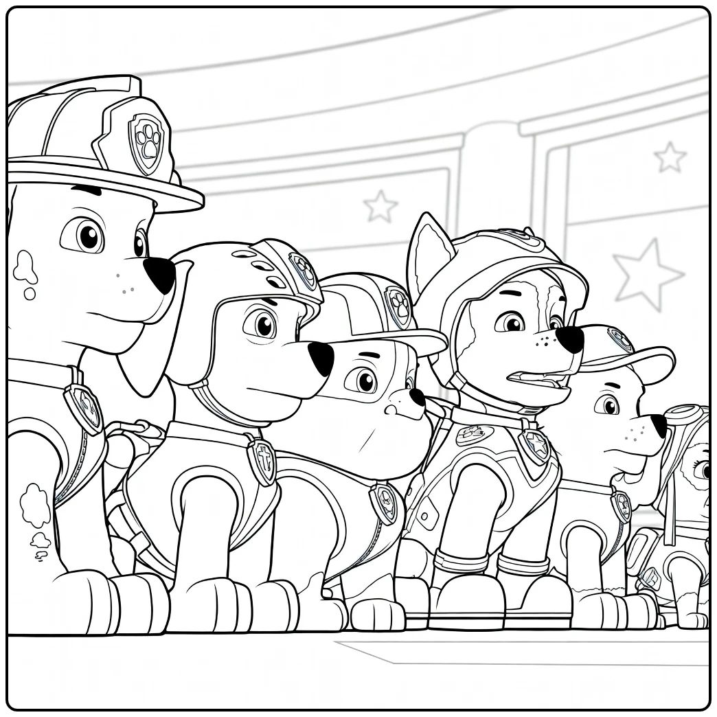 Lijntekening van antropomorfe honden met helmen en vesten die in een rij staan Paw Patrol Seizoen 13 Kleurplaat