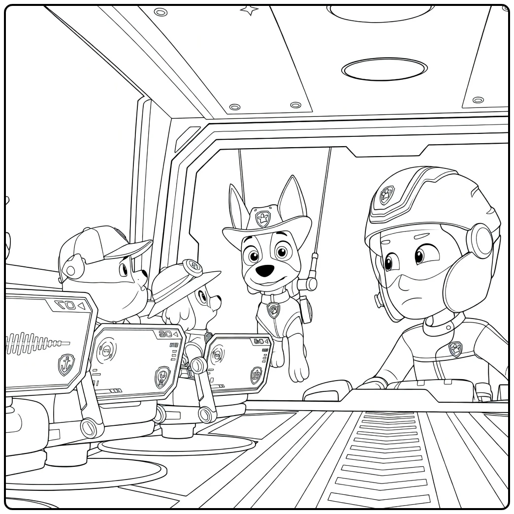 Paw Patrol Seizoen 10 Kleurplaat met een bruine hond en roze hond aan de bedieningspanelen terwijl een oranje figuur hangt in de cockpit