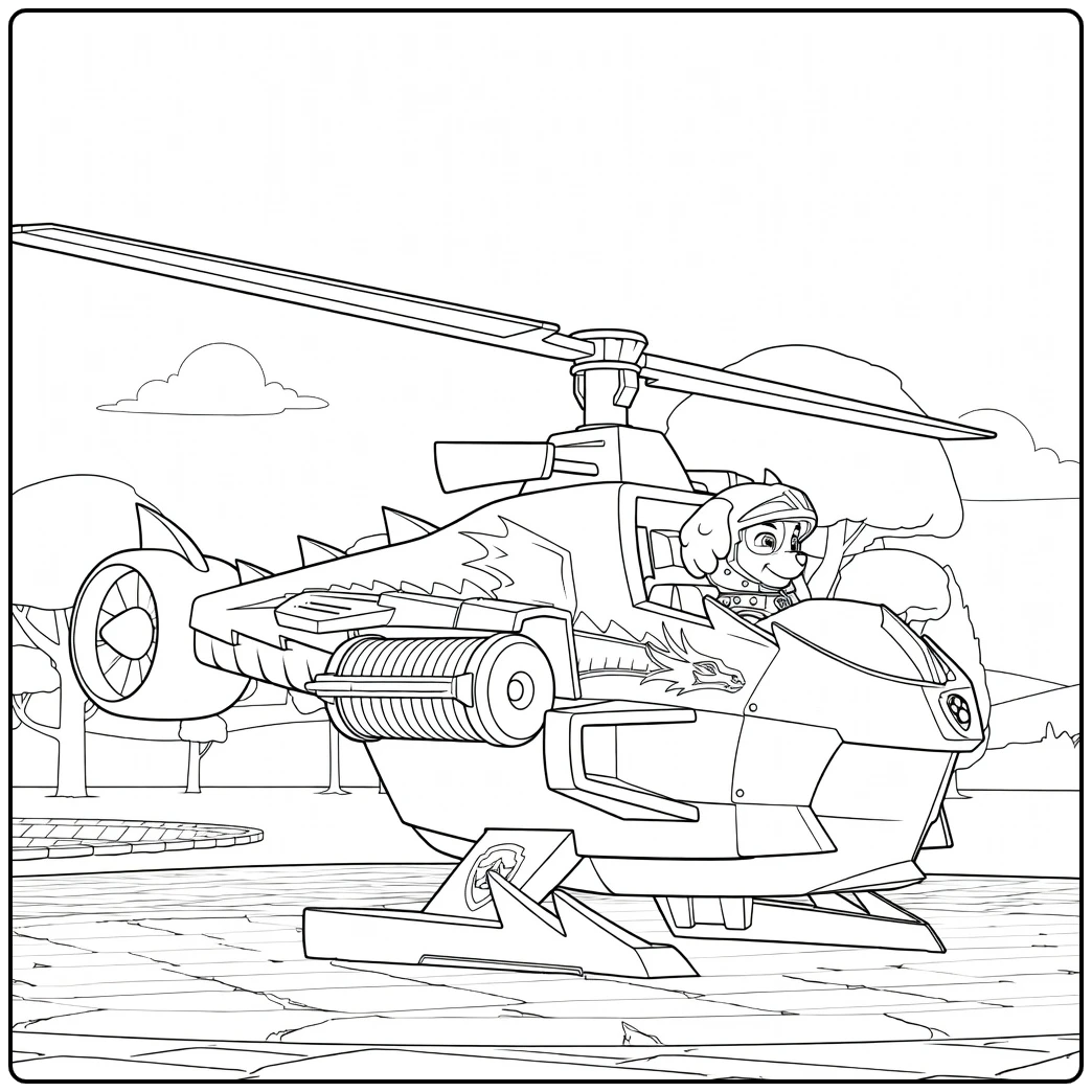 Paw Patrol Seizoen 8 Kleurplaat met een hondpiloot in een futuristische helikopter met draakemblemen