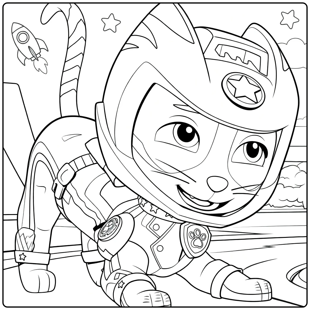 Hurkende antropomorfe kat met helm en gestreepte staart wild cat paw patrol kleurplaat