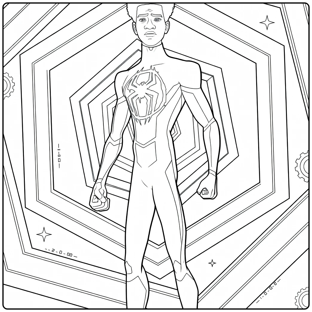 Jonge man met krullend haar en gespannen houding in een pak met embleem Spider Man Across the Spider Verse Kleurplaat