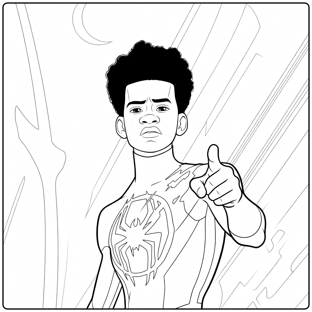 Jonge man met krullend haar en spinembleem wijst naar voren in Spider Man Across the Spider Verse Kleurplaat