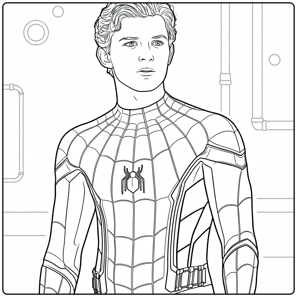 Spiderman Kleurplaat van een jonge man met golvend haar in een strak pak met spinembleem