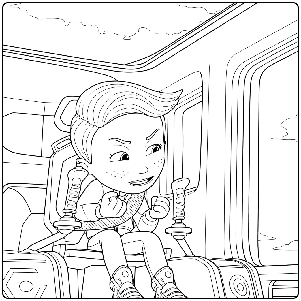 Jeugdige piloot met turquoise haar zittend in futuristische cockpit Paw Patrol Seizoen 9 Kleurplaat