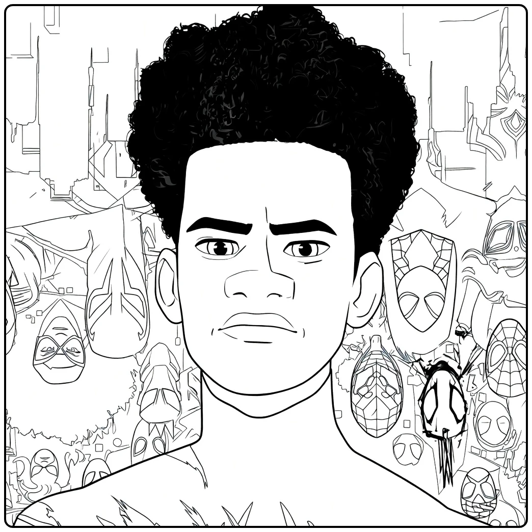 Kleurplaat van een jonge zwarte man met krullend afrohaar en donker pak met rode accenten voor een futuristische stad Spider Man Across the Spider Verse Kleurplaat