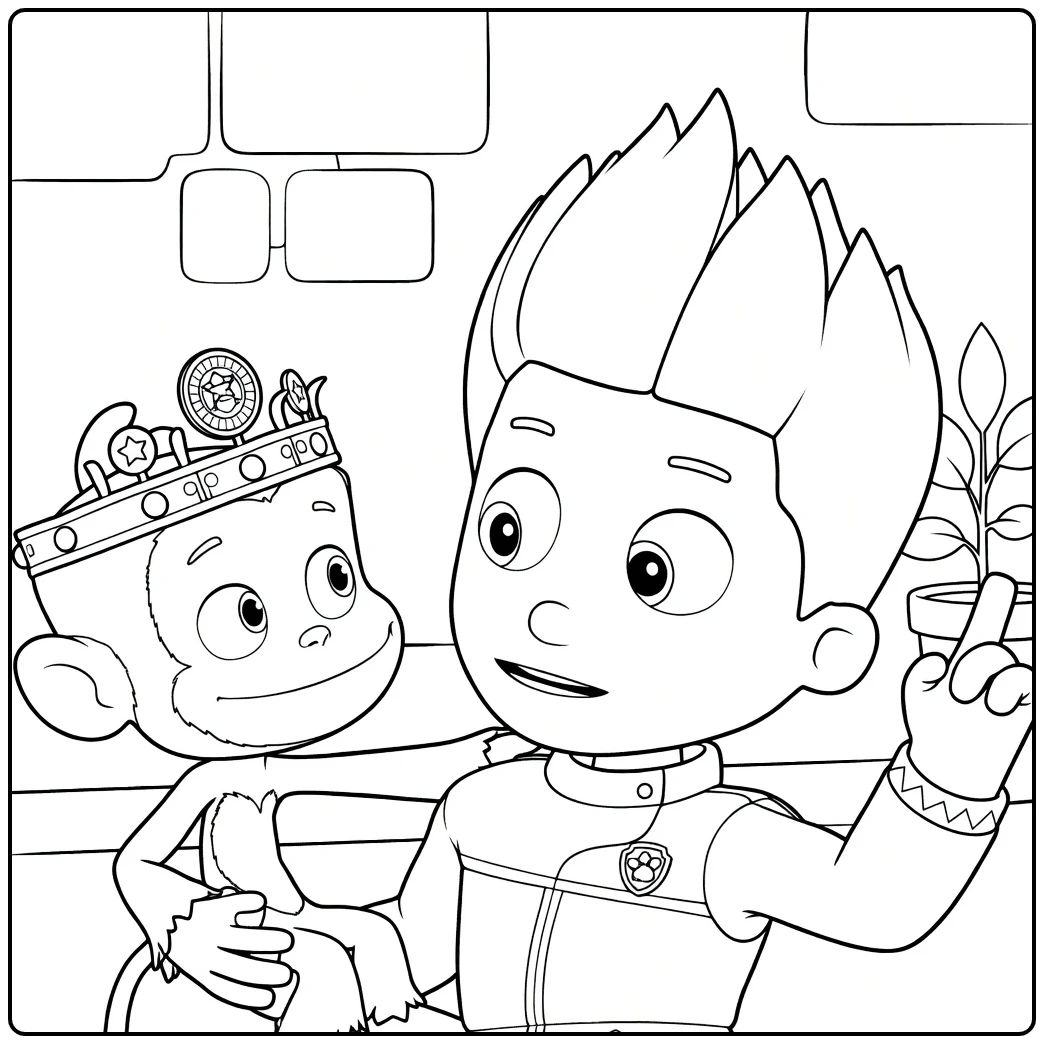 Jongen houdt aap vast en wijst omhoog met kroon en munten Paw Patrol Seizoen 10 Kleurplaat