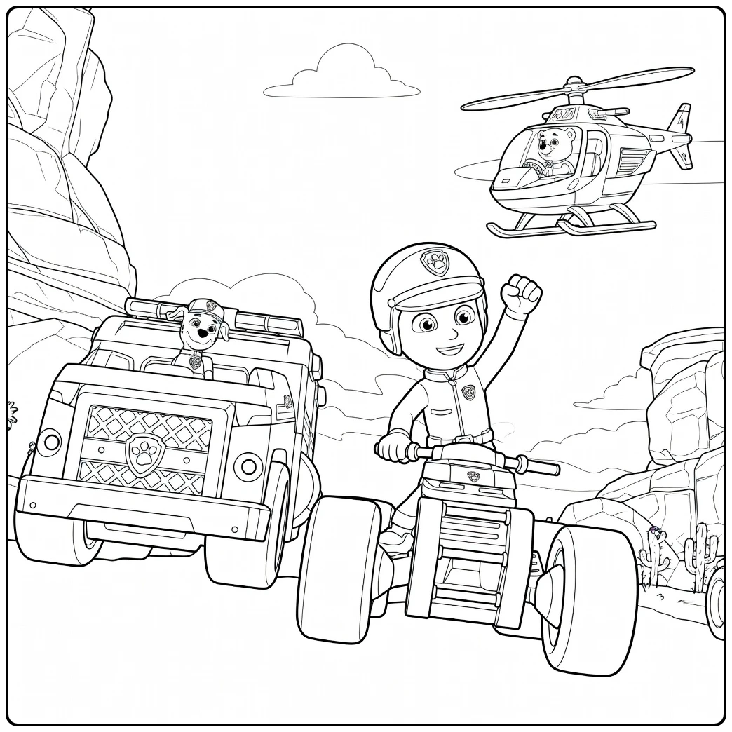 Jongen op ATV met opgeheven vuist, hond in voertuig en beer in helikopter Paw Patrol Seizoen 12 Kleurplaat