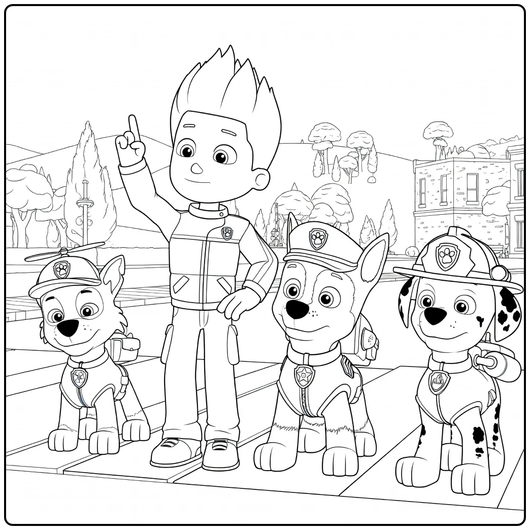 Paw Patrol Seizoen 8 Kleurplaat met een jongen die omhoog wijst en drie honden in uniformen naast hem