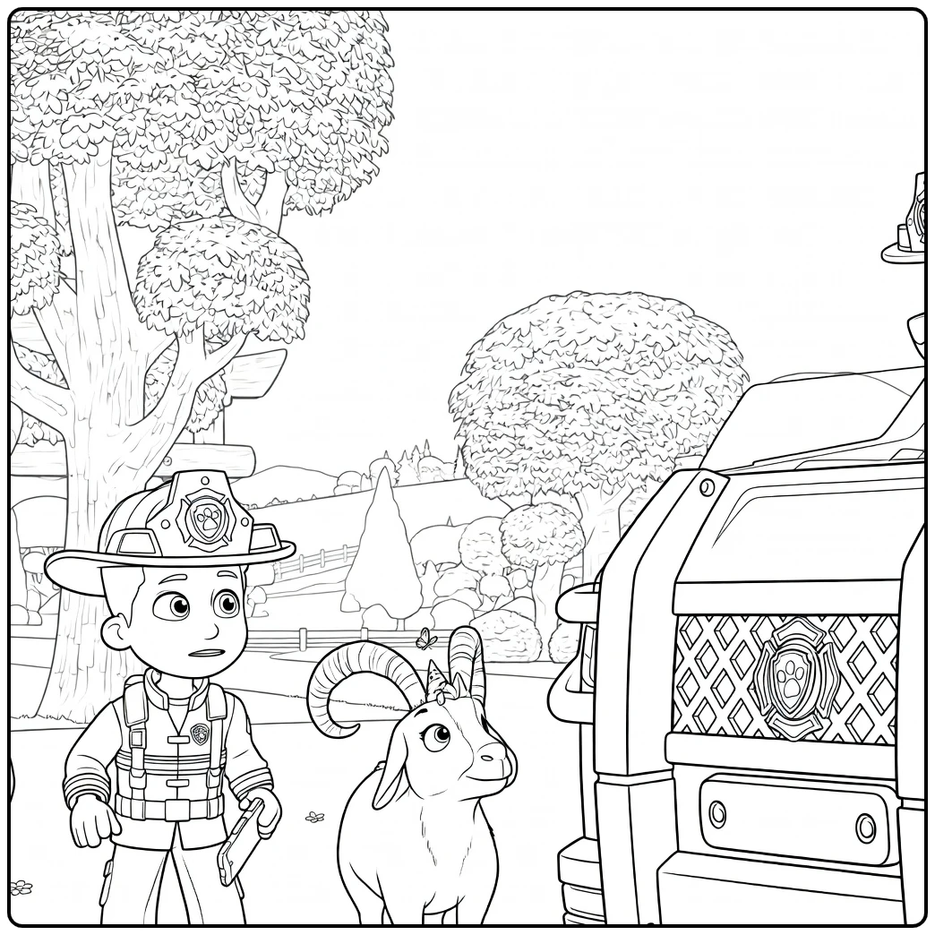 Jongen met helm en jas naast een geit met hoorns en een groot reddingsvoertuig Paw Patrol Seizoen 13 Kleurplaat