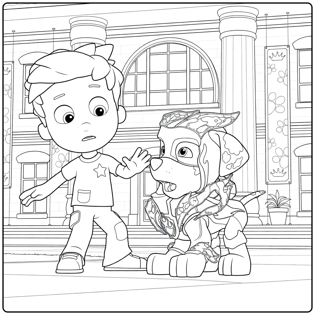 Paw Patrol Seizoen 7 Kleurplaat met een jongen die verrast staat naast een hond in rood-gouden harnas