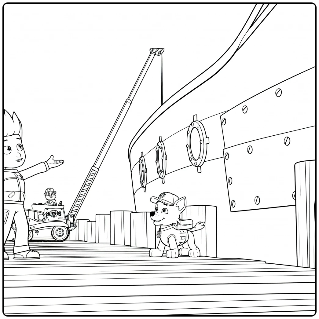 Paw Patrol Seizoen 2 kleurplaat met een jongen die gebaart en zijn hond die hurkt op de houten steiger naast een boot.