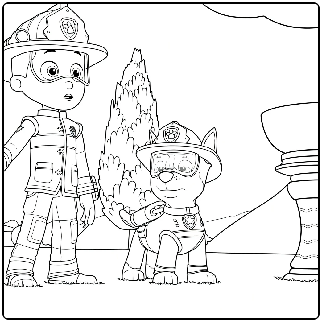 Paw Patrol Seizoen 13 Kleurplaat met een jongen en hond in reddingsuniforms en helmen
