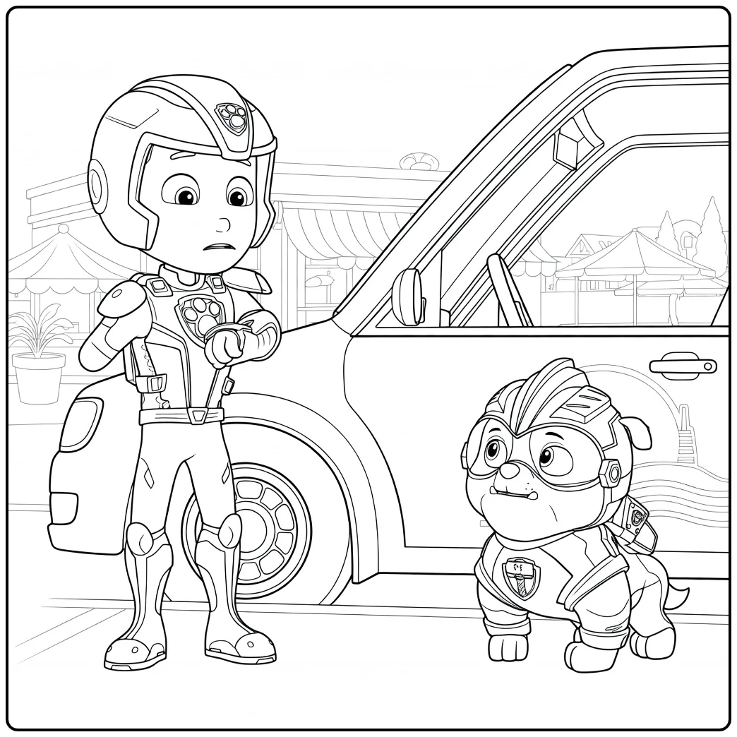 Paw Patrol Seizoen 6 Kleurplaat van een jongen in harnas met apparaat en een hond in pantsers naast een voertuig