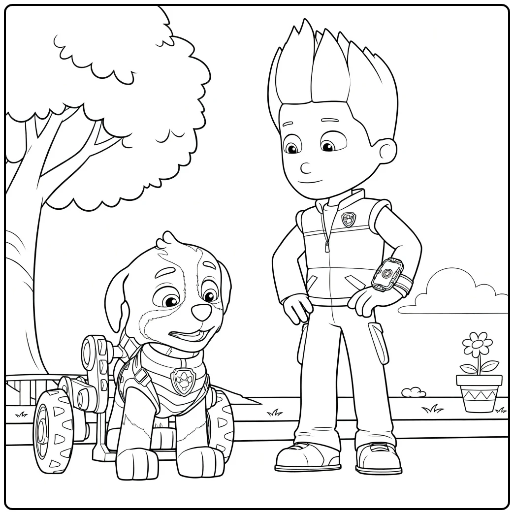 Jongen met handen in de zij en hond met robotische wielen in Paw Patrol Seizoen 7 Kleurplaat