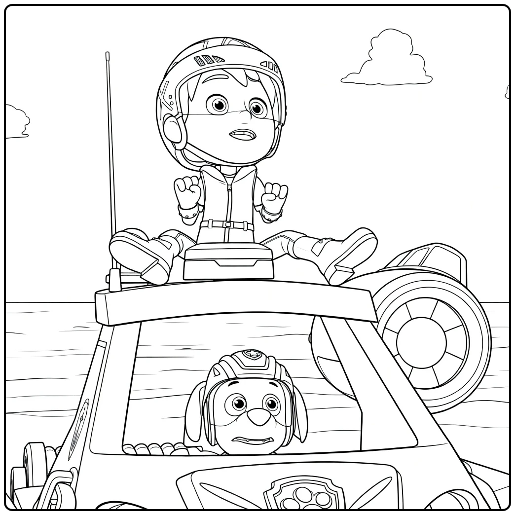 Jongen met vuisten in de lucht op voertuig en hond in cockpit op Paw Patrol Seizoen 13 Kleurplaat