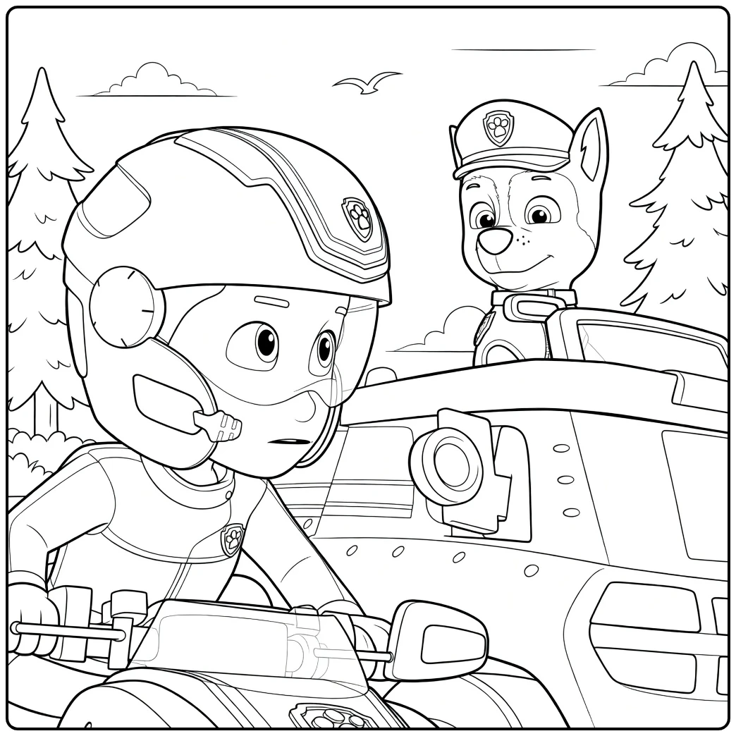Paw Patrol Seizoen 8 Kleurplaat met een jongen op een voertuig naast een hond met pet