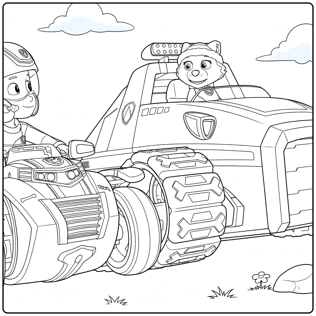 Paw Patrol Seizoen 4 Kleurplaat van een jongen in helm en een hondachtig figuur in muts die naast elkaar in voertuigen zitten